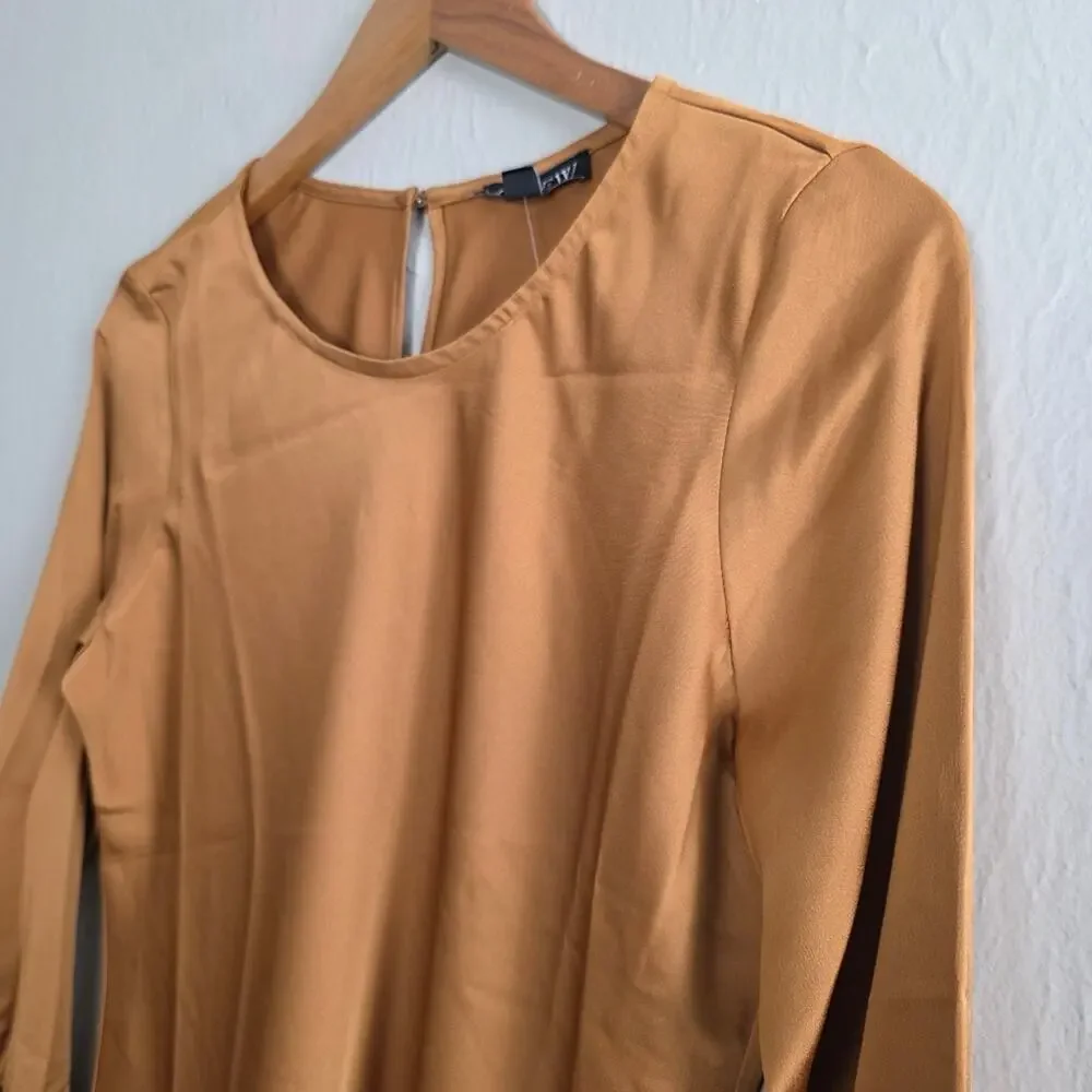 J. Crew Winter Garden Golden Brown Bell Sleeve Ruffle Satin Blouse Top Small NWT